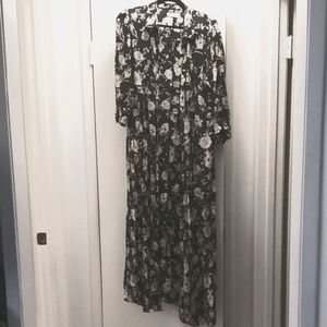 Zara Woman Floral Pattern Navy Long Sleeve Button Down Maxi Dress Size L